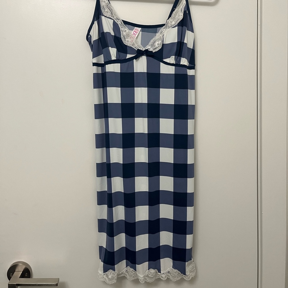 Women’s blue/white gingham slip dress.